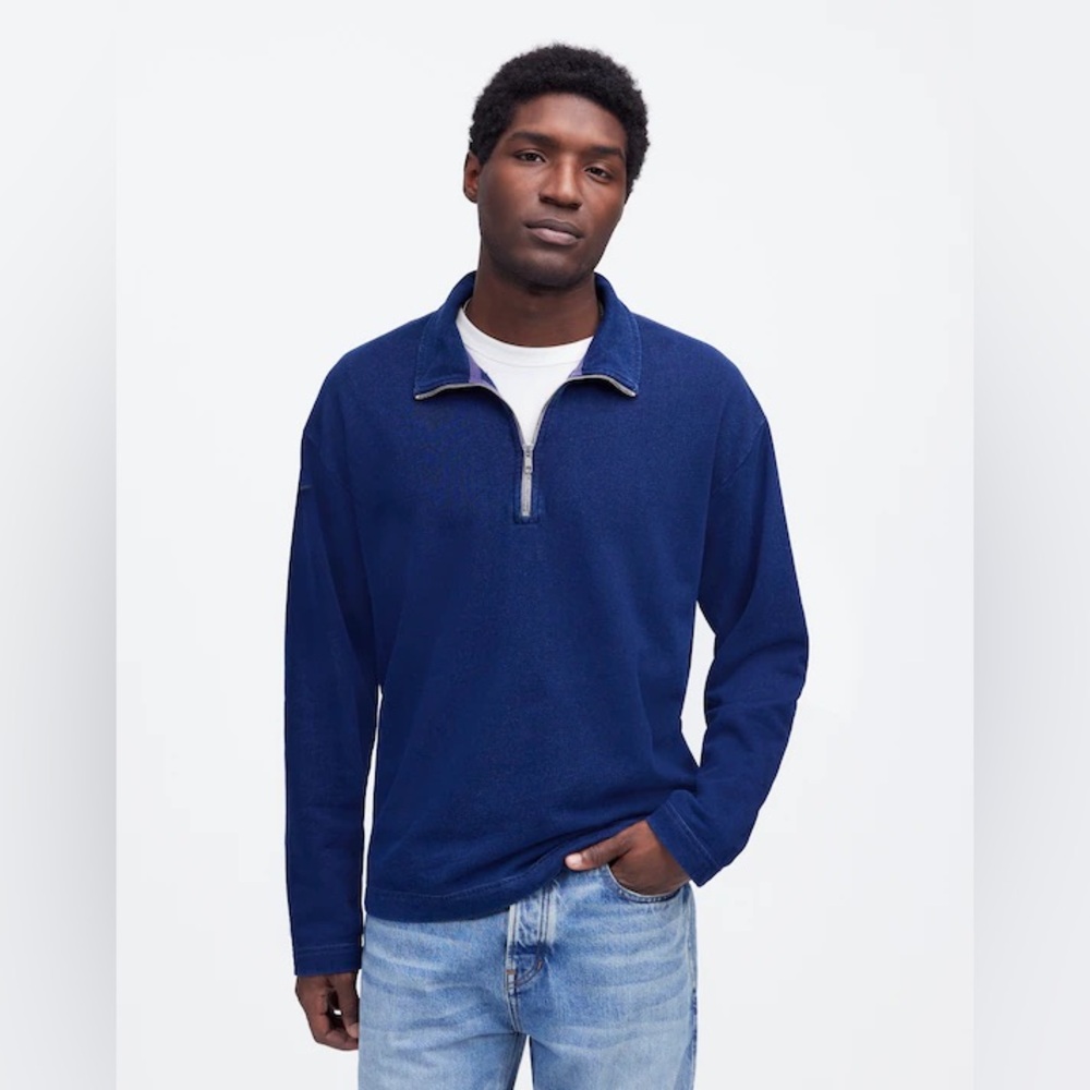 NWOT Madewell Men's Indigo-Dyed Blue Half-Zip Sweatshirt 100% Cotton Medium